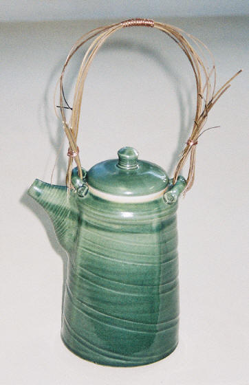 Porcelain teapot-Oribe glaze-bamboo & copper handle